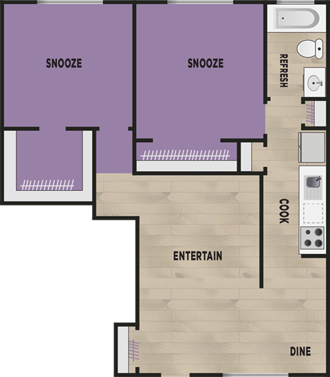 Floor plan for 2 beds, 1 bath, 625 sqft